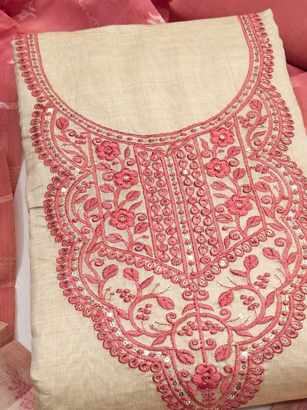 Peachmode Cream & Coral Embroidered Jamdani Jacquard Dress Material - Image 5