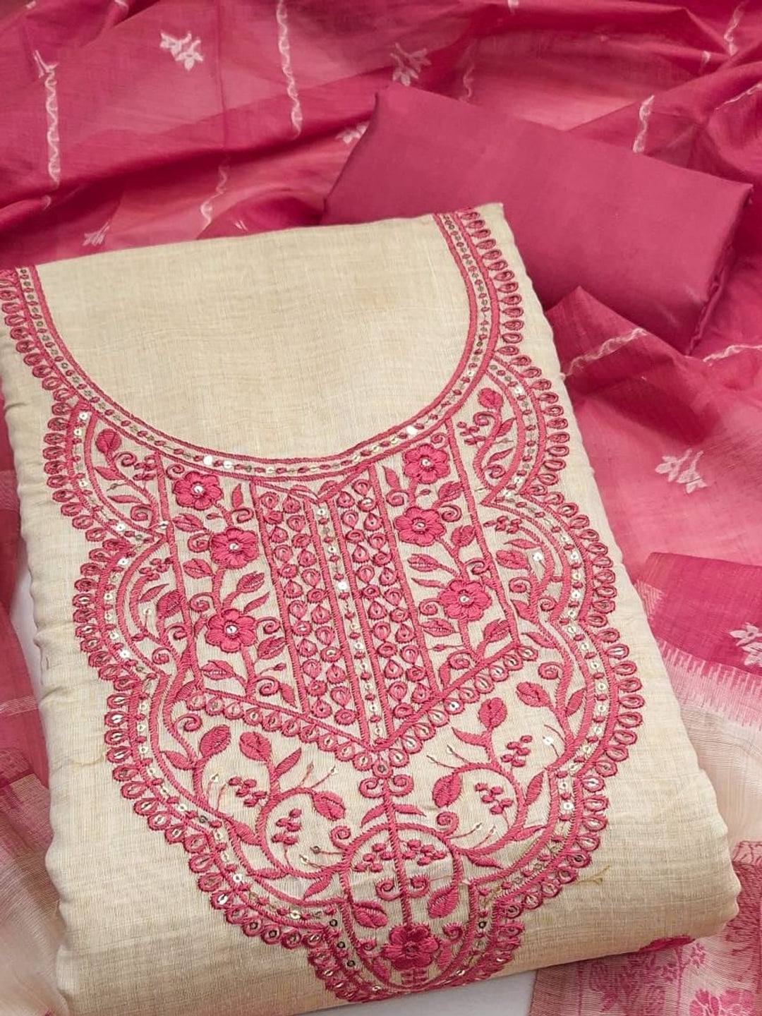 Peachmode Cream & Pink Embroidered Jamdani Jacquard Dress Material - Image 1