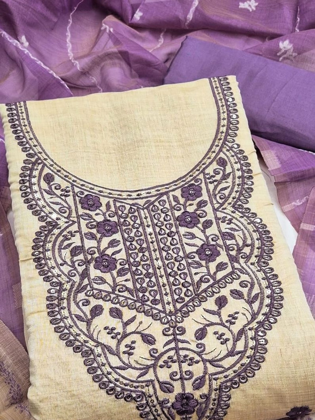 Peachmode Cream & Purple Embroidered Jamdani Jacquard Dress Material - Image 1