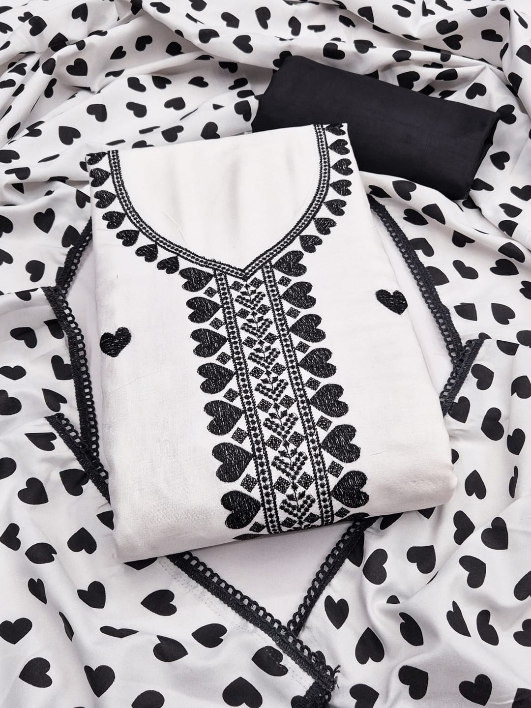 Peachmode White & Black Embroidered Rayon Dress Material - Image 1
