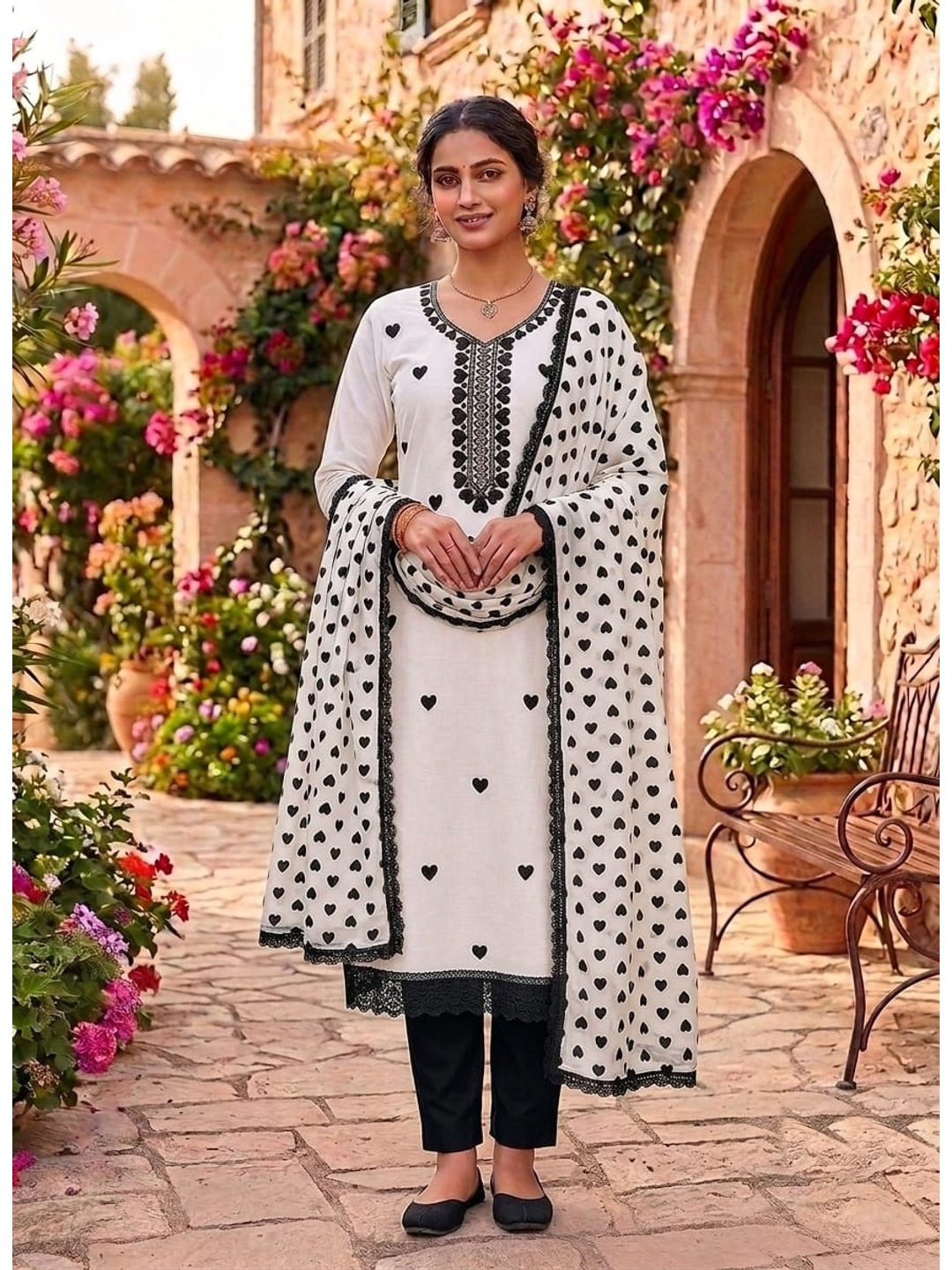 Peachmode White & Black Embroidered Rayon Dress Material - Image 2