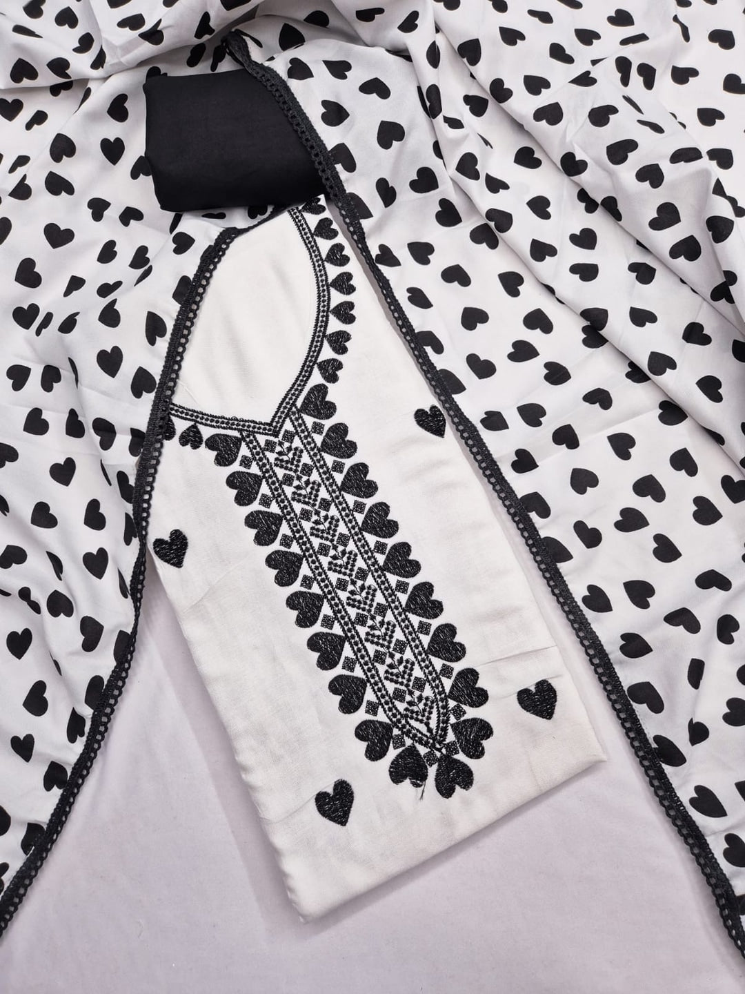 Peachmode White & Black Embroidered Rayon Dress Material - Image 4