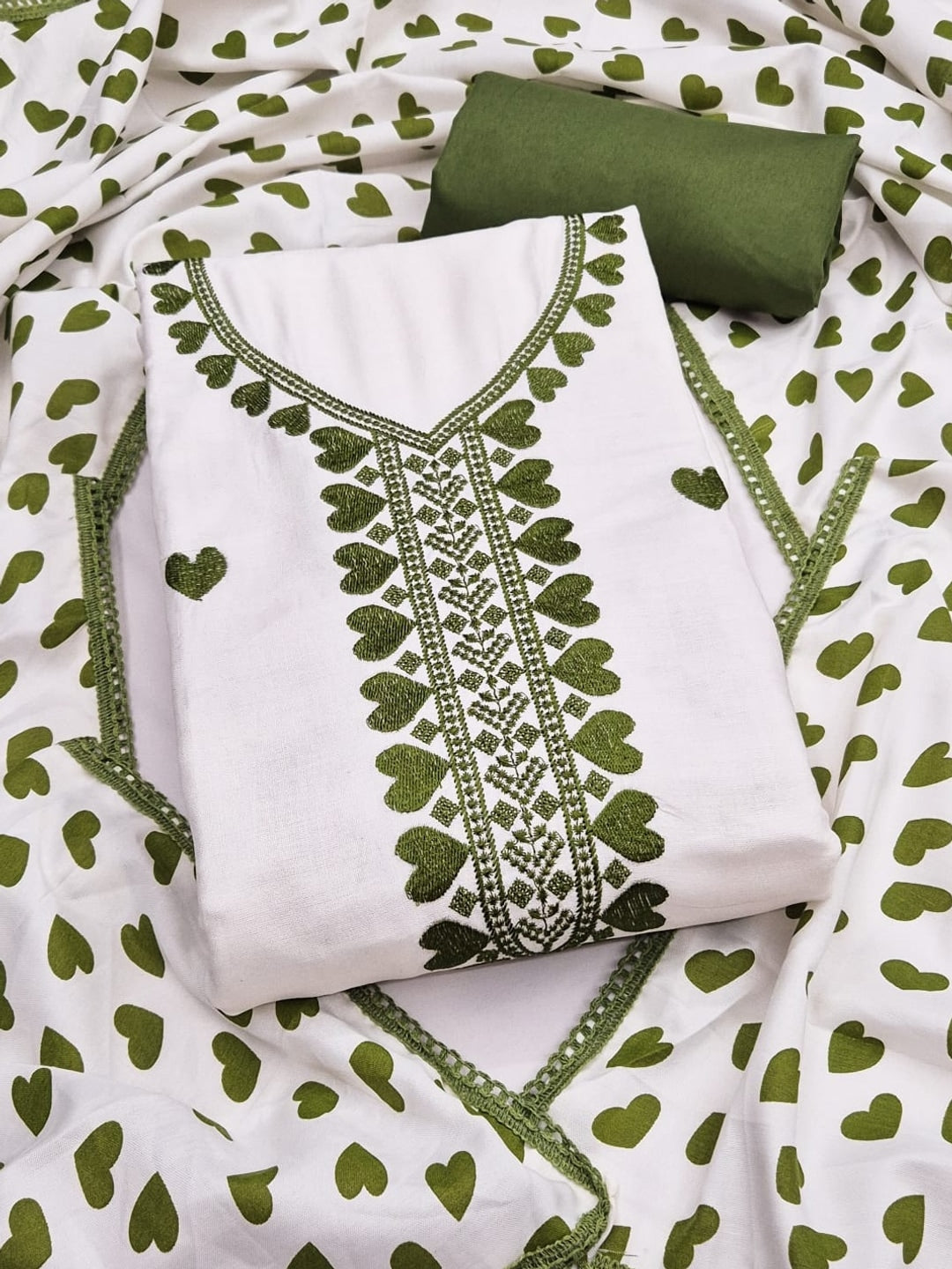 Peachmode White & Olive Embroidered Rayon Dress Material - Image 1