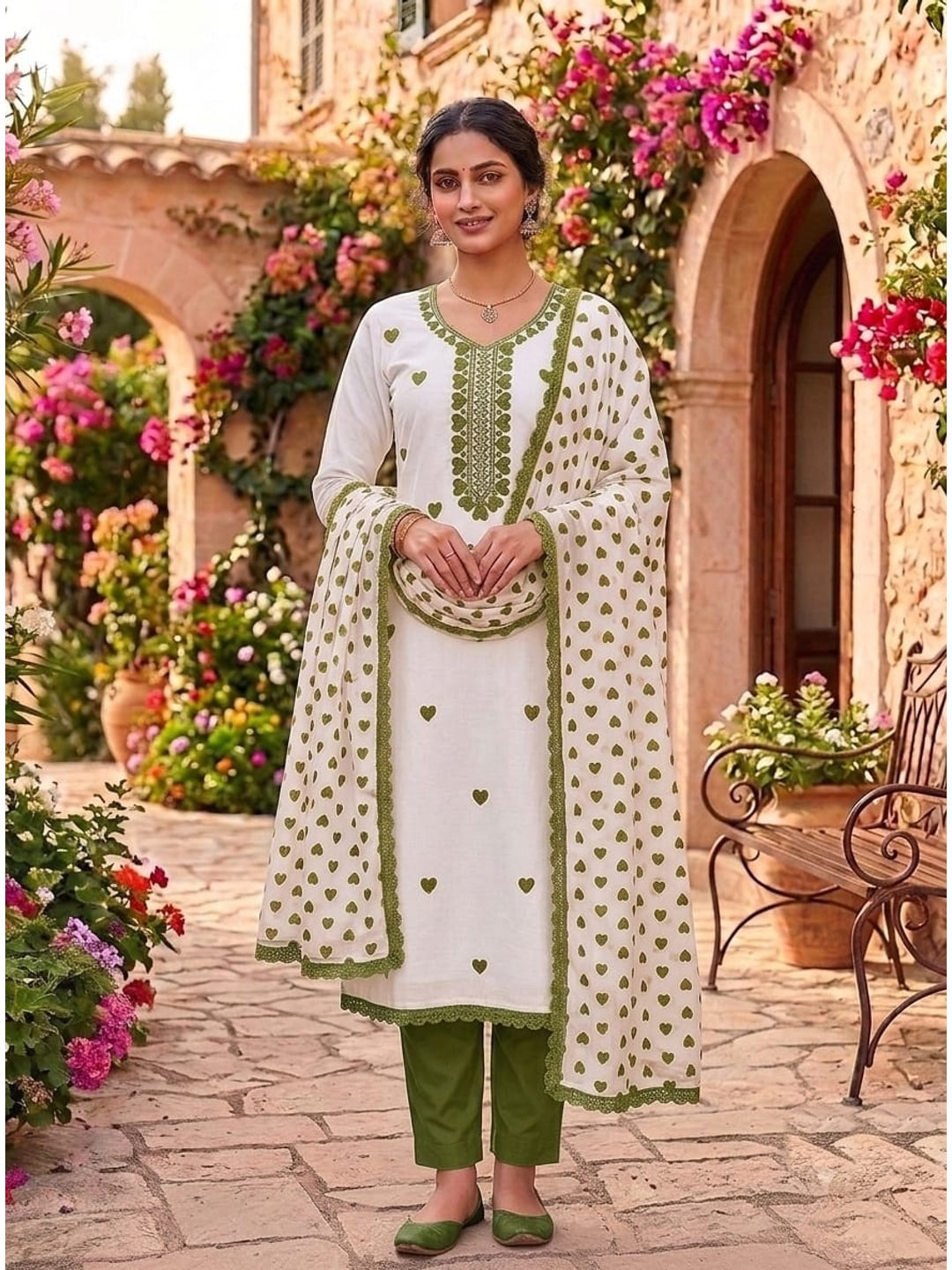 Peachmode White & Olive Embroidered Rayon Dress Material - Image 2