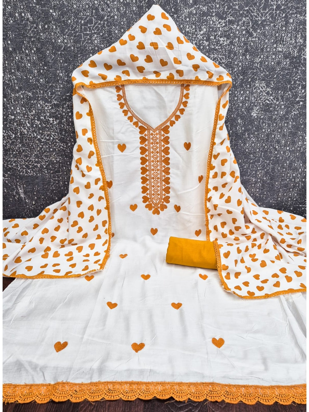 Peachmode White & Mustard Embroidered Rayon Dress Material - Image 3