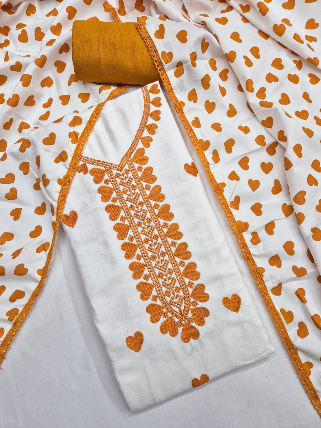 Peachmode White & Mustard Embroidered Rayon Dress Material - Image 4