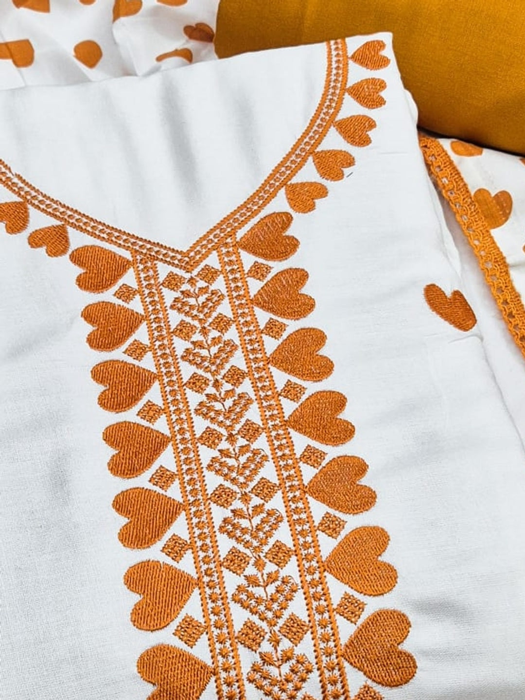 Peachmode White & Mustard Embroidered Rayon Dress Material - Image 5