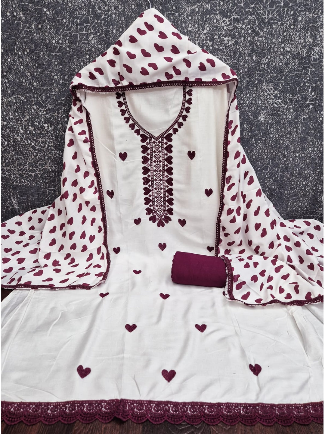 Peachmode White & Maroon Embroidered Rayon Dress Material - Image 3