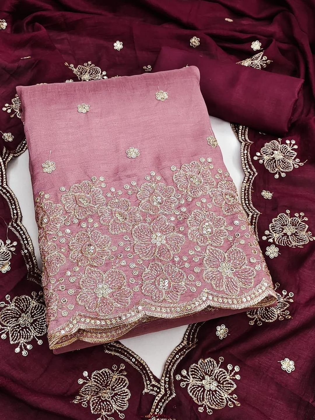 Peachmode Pink & Wine Embroidered Vichitra Silk Dress Material - Image 1