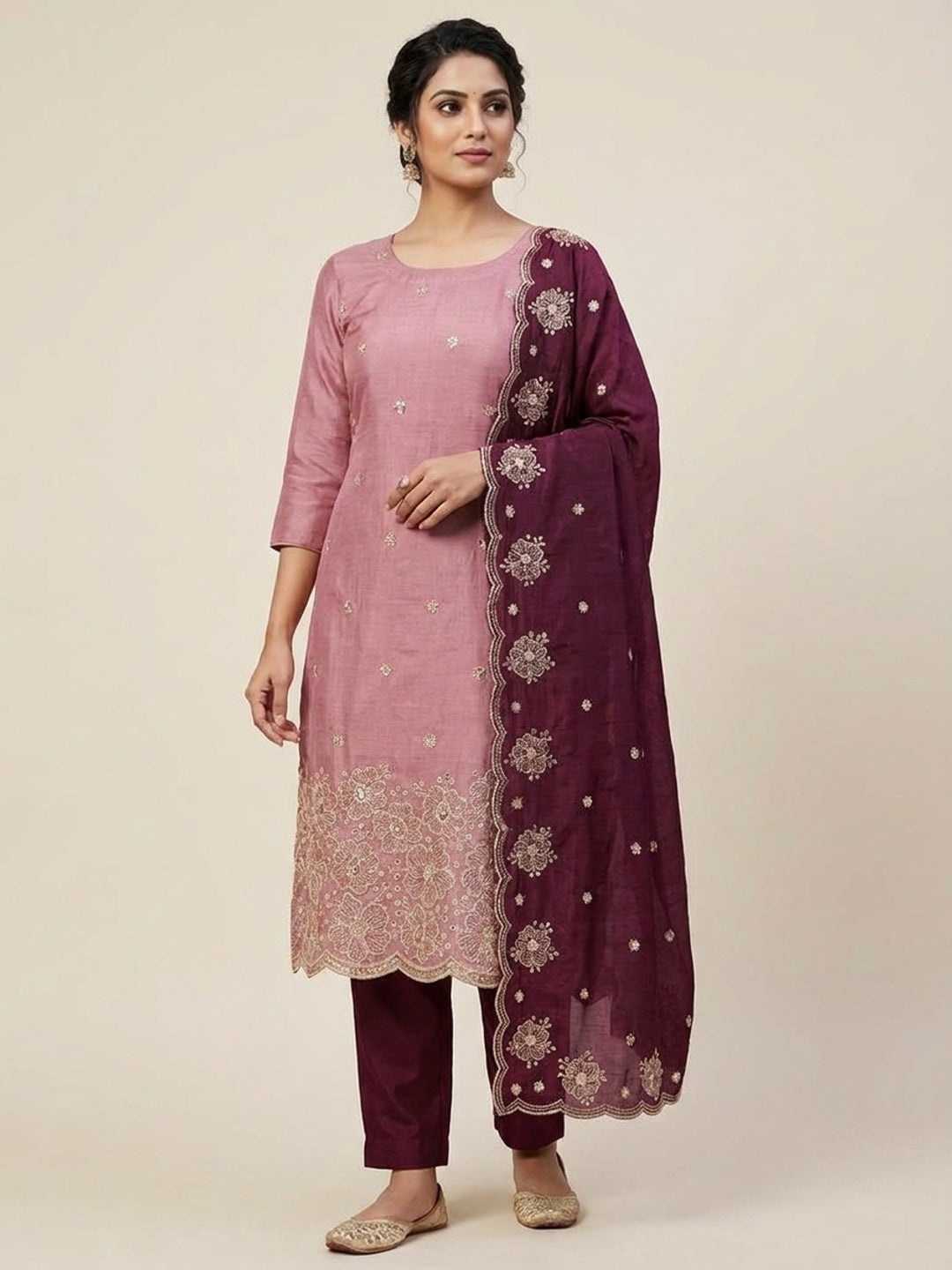 Peachmode Pink & Wine Embroidered Vichitra Silk Dress Material - Image 2