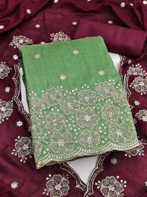 Peachmode Green & Wine Embroidered Vichitra Silk Dress Material - Image 1