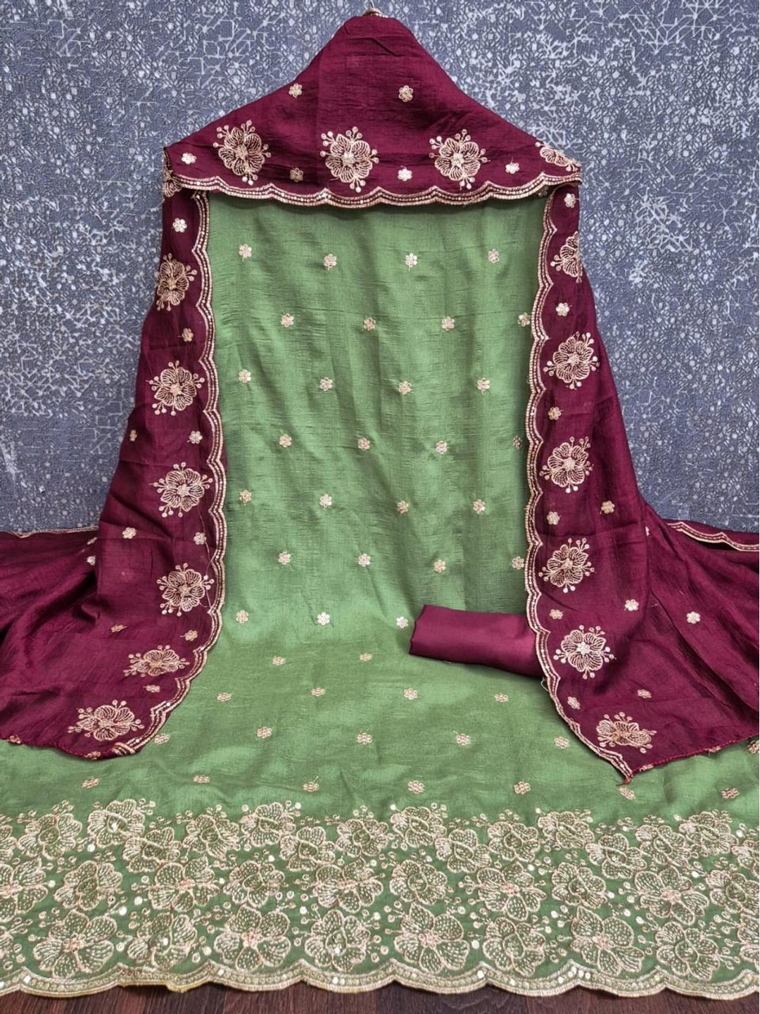 Peachmode Green & Wine Embroidered Vichitra Silk Dress Material - Image 3