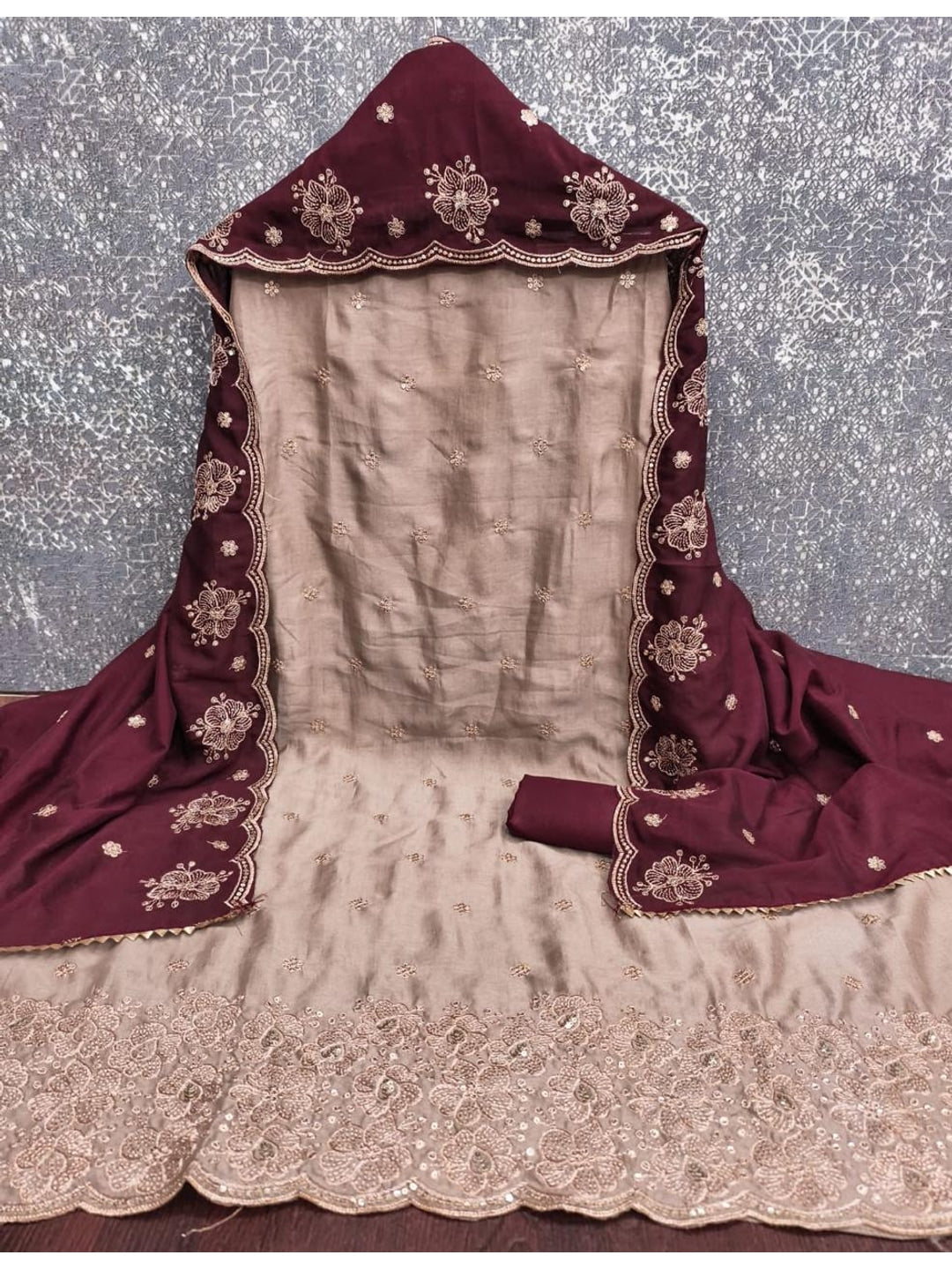 Peachmode Beige & Wine Embroidered Vichitra Silk Dress Material - Image 3