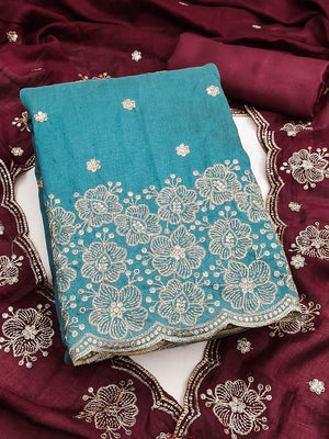 Peachmode Turquoise & Wine Embroidered Vichitra Silk Dress Material - Image 1