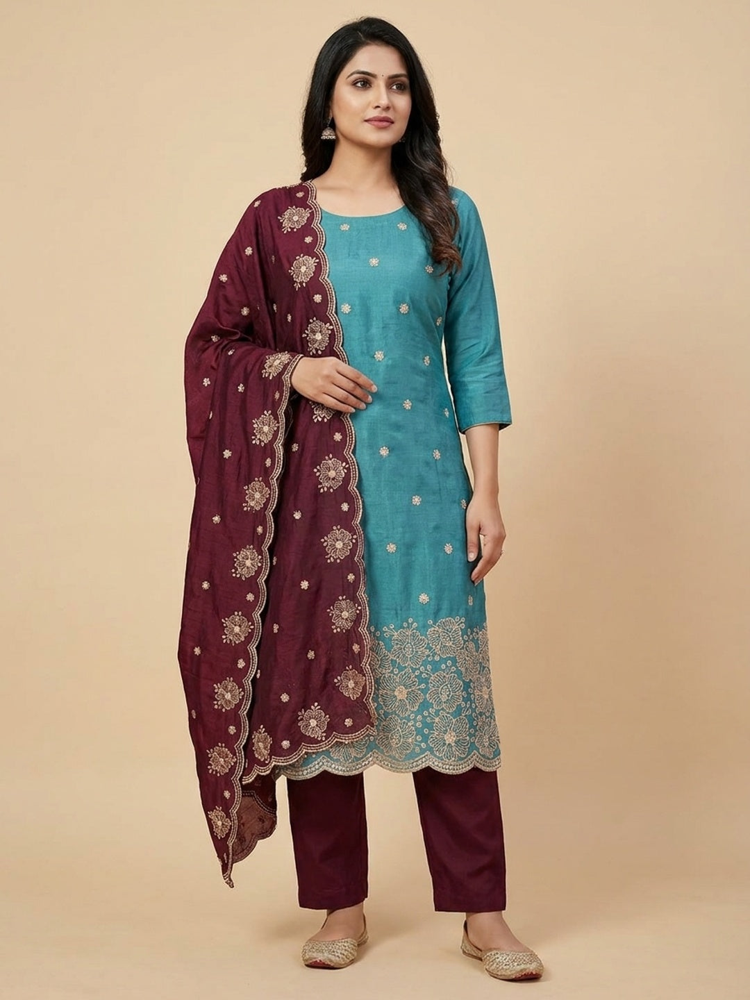 Peachmode Turquoise & Wine Embroidered Vichitra Silk Dress Material - Image 2