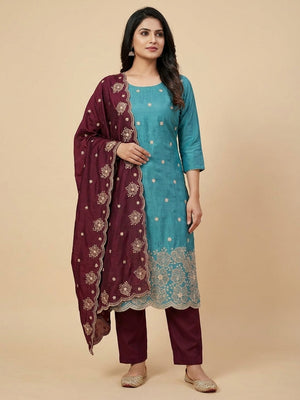 Peachmode Turquoise & Wine Embroidered Vichitra Silk Dress Material - Image 2