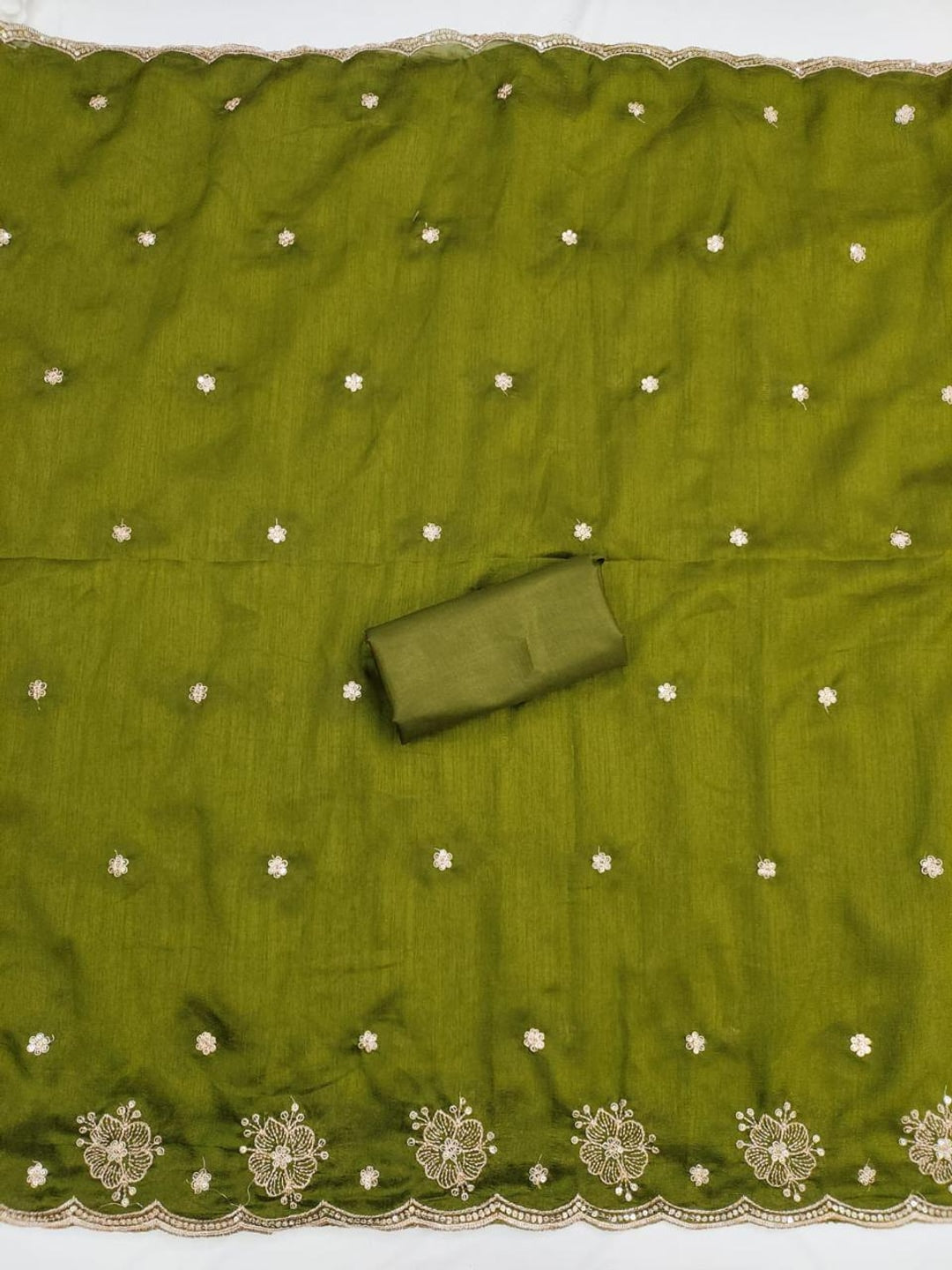 Peachmode White & Olive Embroidered Vichitra Silk Dress Material - Image 3