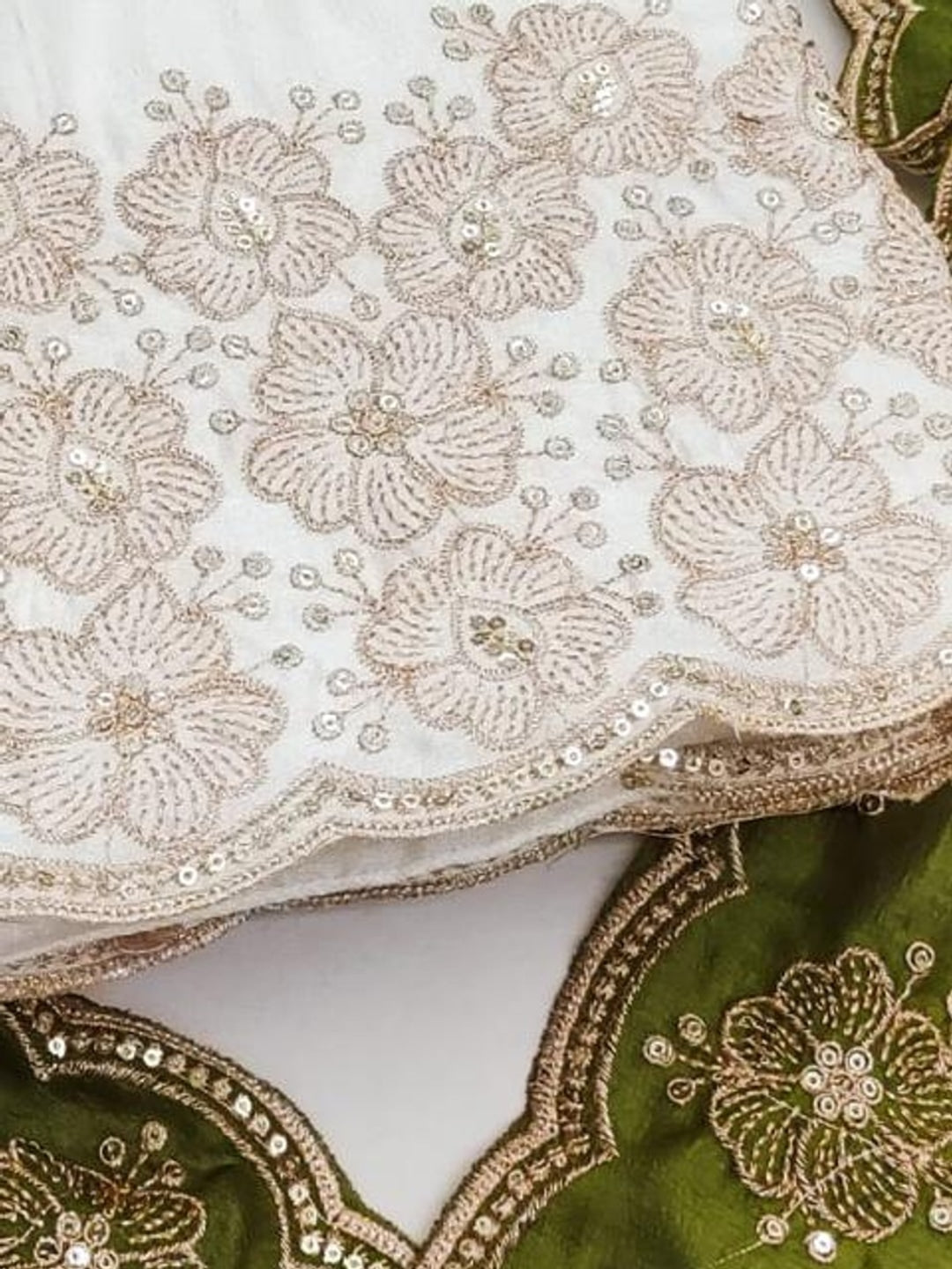 Peachmode White & Olive Embroidered Vichitra Silk Dress Material - Image 4