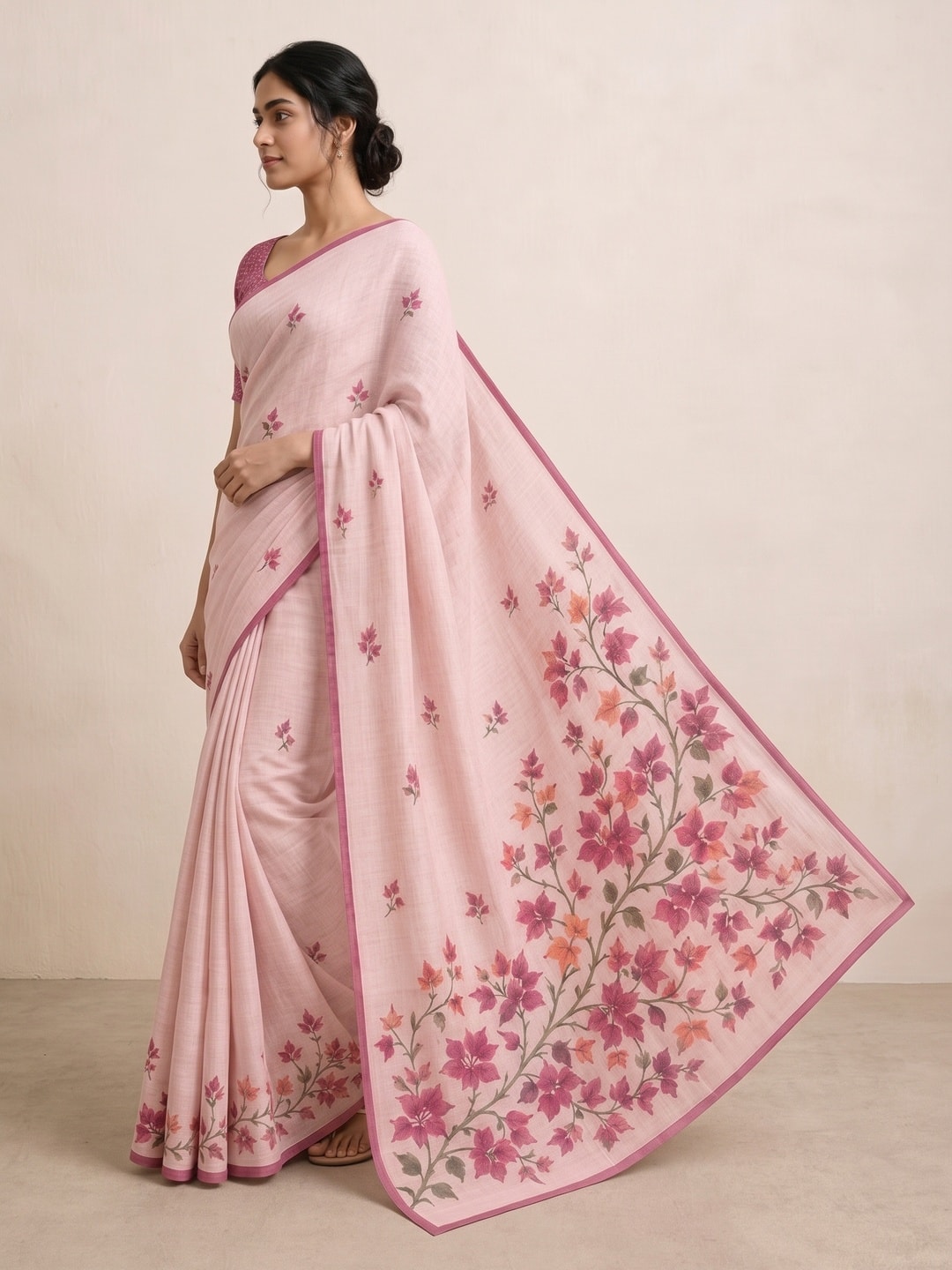 Peachmode Pink Bougainvillea Printed Linen Saree - Image 3