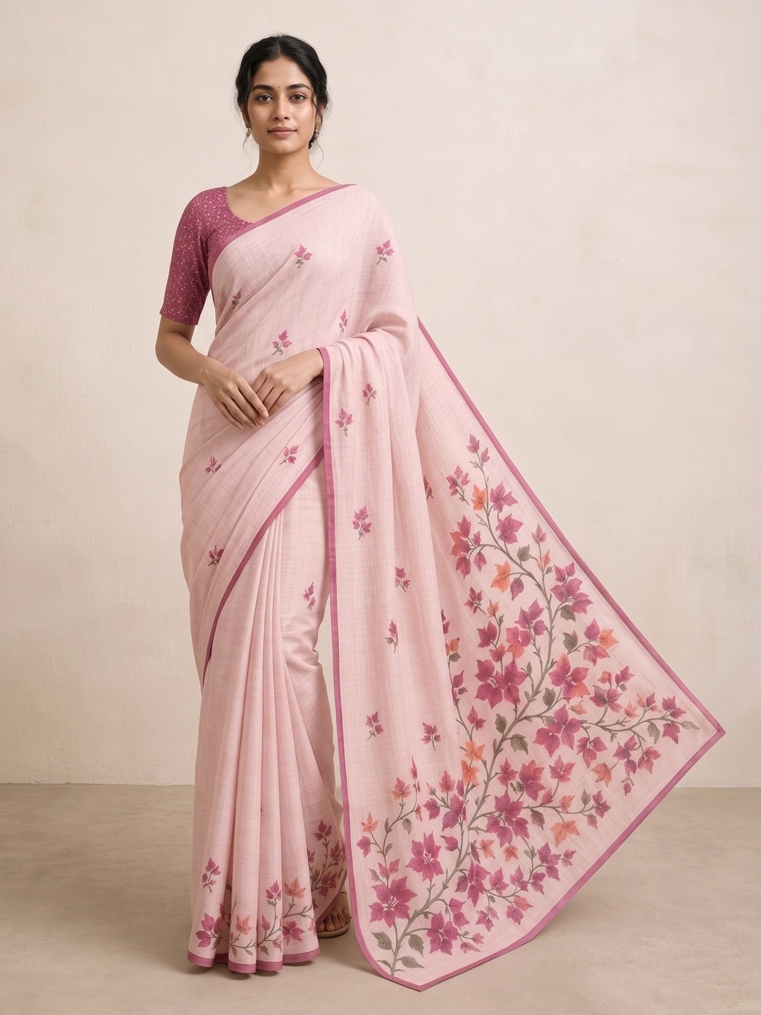 Peachmode Pink Bougainvillea Printed Linen Saree - Image 5