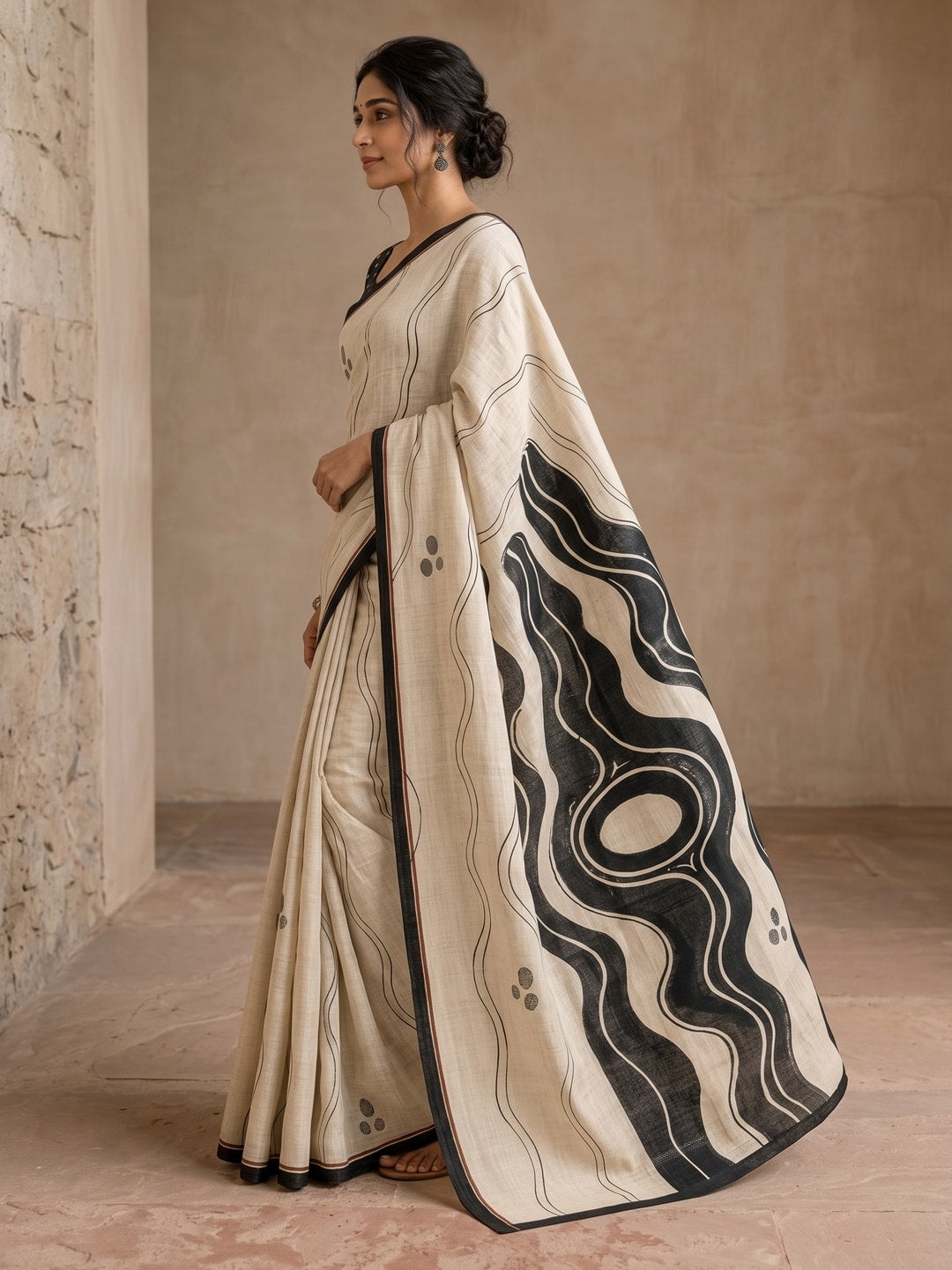 Peachmode Offwhite Wave Printed Linen Saree - Image 3