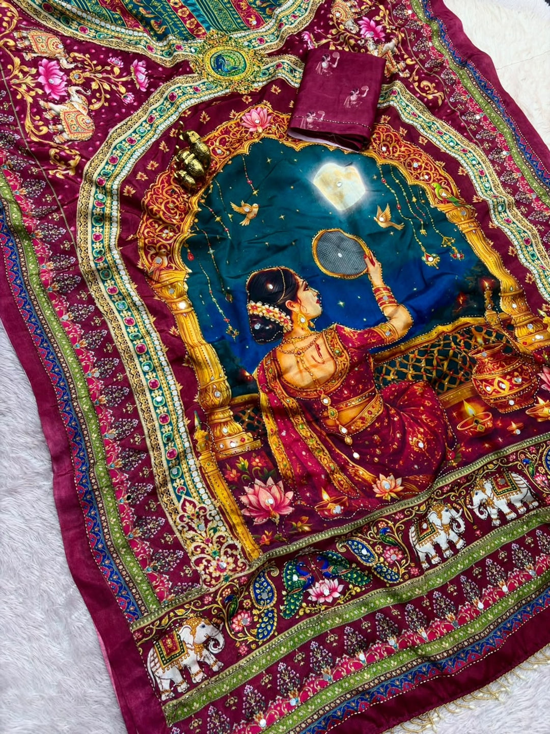 Peachmode Multicolor Karwa Chauth Printed Chinon Saree With Mirror Work - Image 4