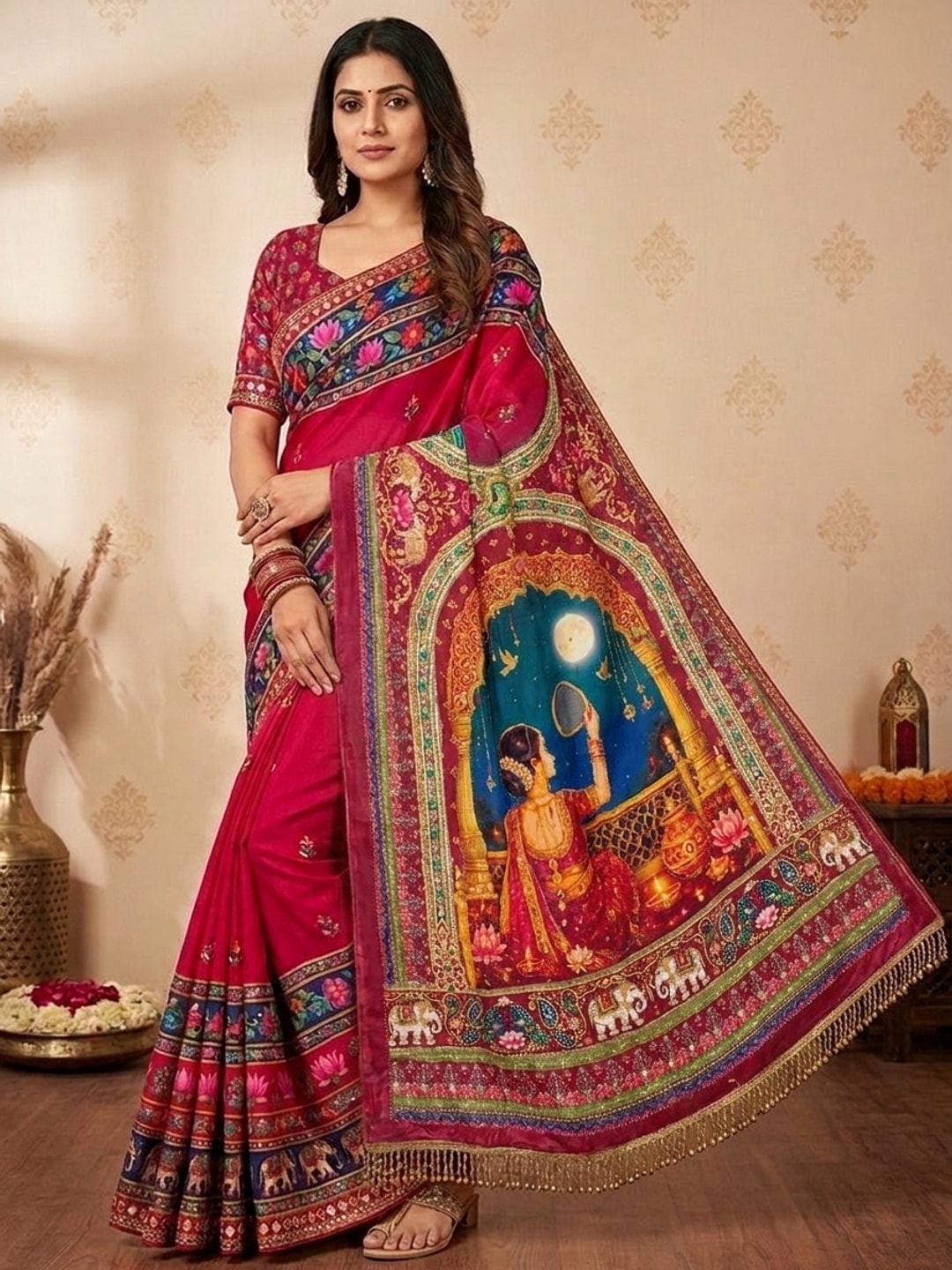 Peachmode Multicolor Karwa Chauth Printed Chinon Saree With Mirror Work - Image 1