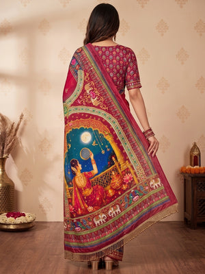 Peachmode Multicolor Karwa Chauth Printed Chinon Saree With Mirror Work - Image 2