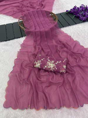 Peachmode Pink Georgette Saree With Embroidered Blouse - Image 1