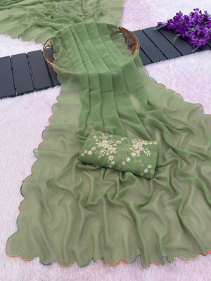 Peachmode Green Georgette Saree With Embroidered Blouse - Image 1