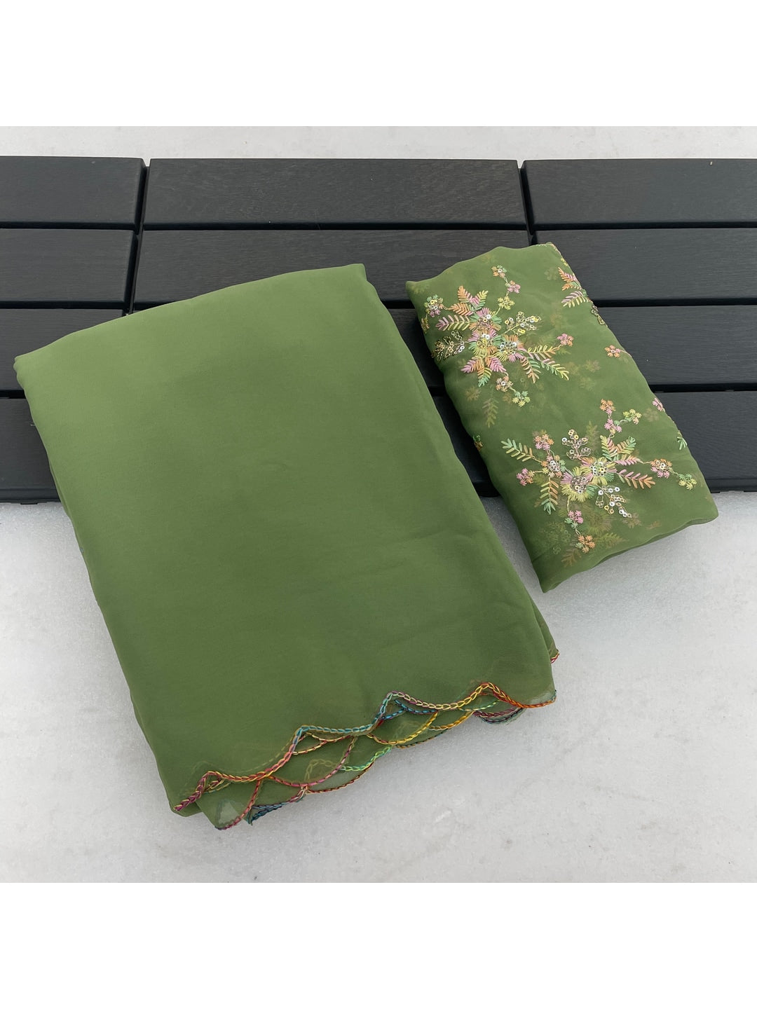 Peachmode Green Georgette Saree With Embroidered Blouse - Image 2