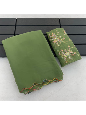 Peachmode Green Georgette Saree With Embroidered Blouse - Image 2