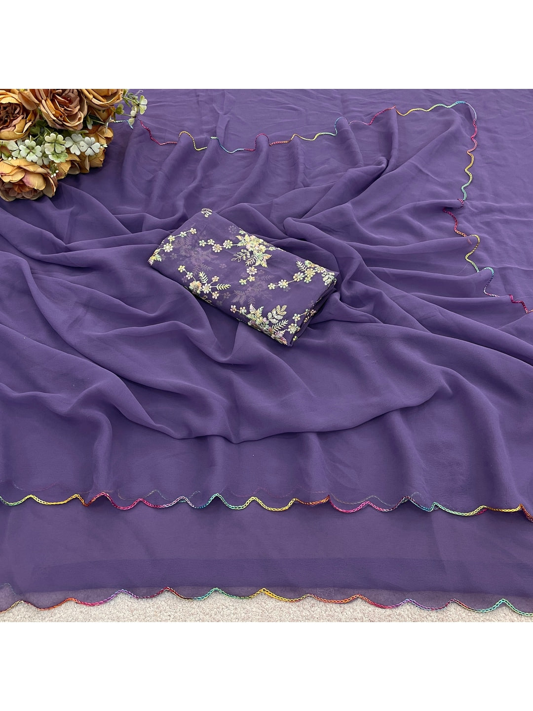 Peachmode Purple Georgette Saree With Embroidered Blouse - Image 3