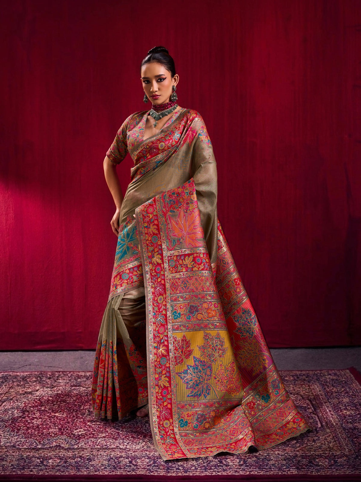 Peachmode Olive Modal Cotton Kashmiri Weaving Saree - Image 1