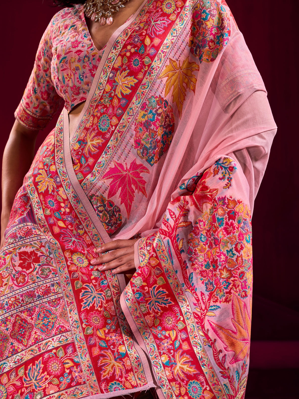 Peachmode Pink Modal Cotton Kashmiri Weaving Saree - Image 4
