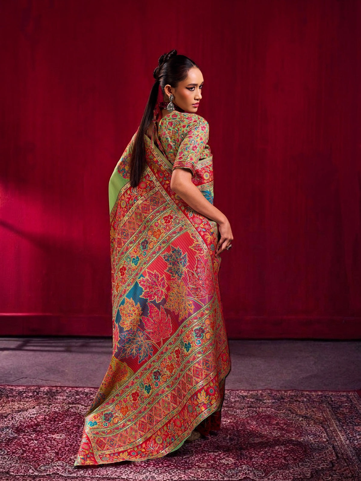 Peachmode Green Modal Cotton Kashmiri Weaving Saree - Image 2