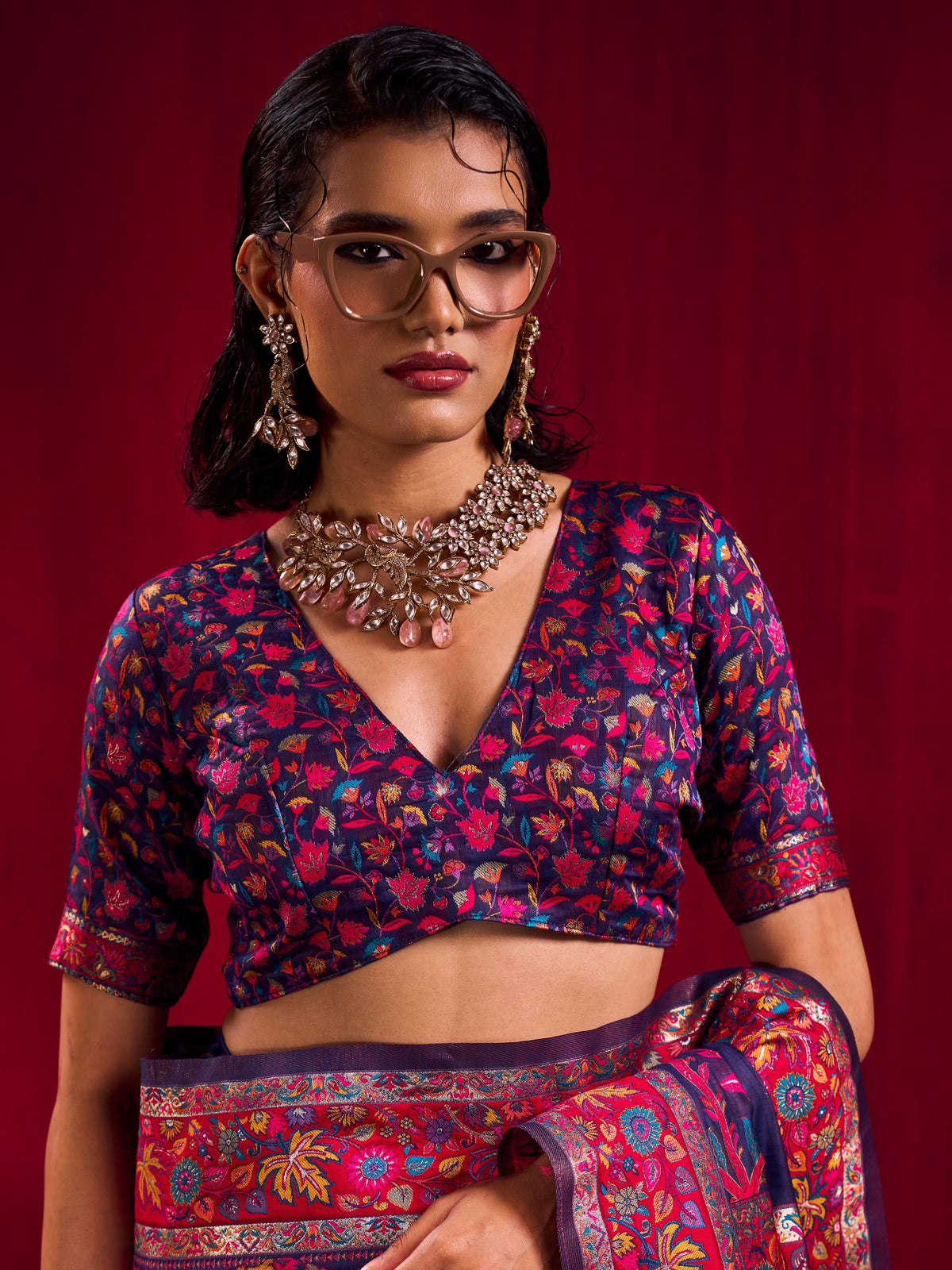Peachmode Navy Blue Modal Cotton Kashmiri Weaving Saree - Image 3