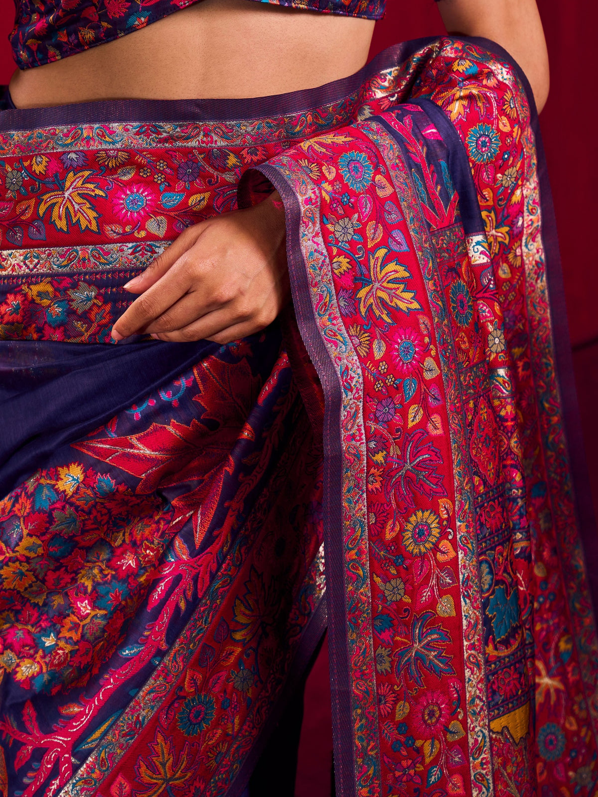 Peachmode Navy Blue Modal Cotton Kashmiri Weaving Saree - Image 4