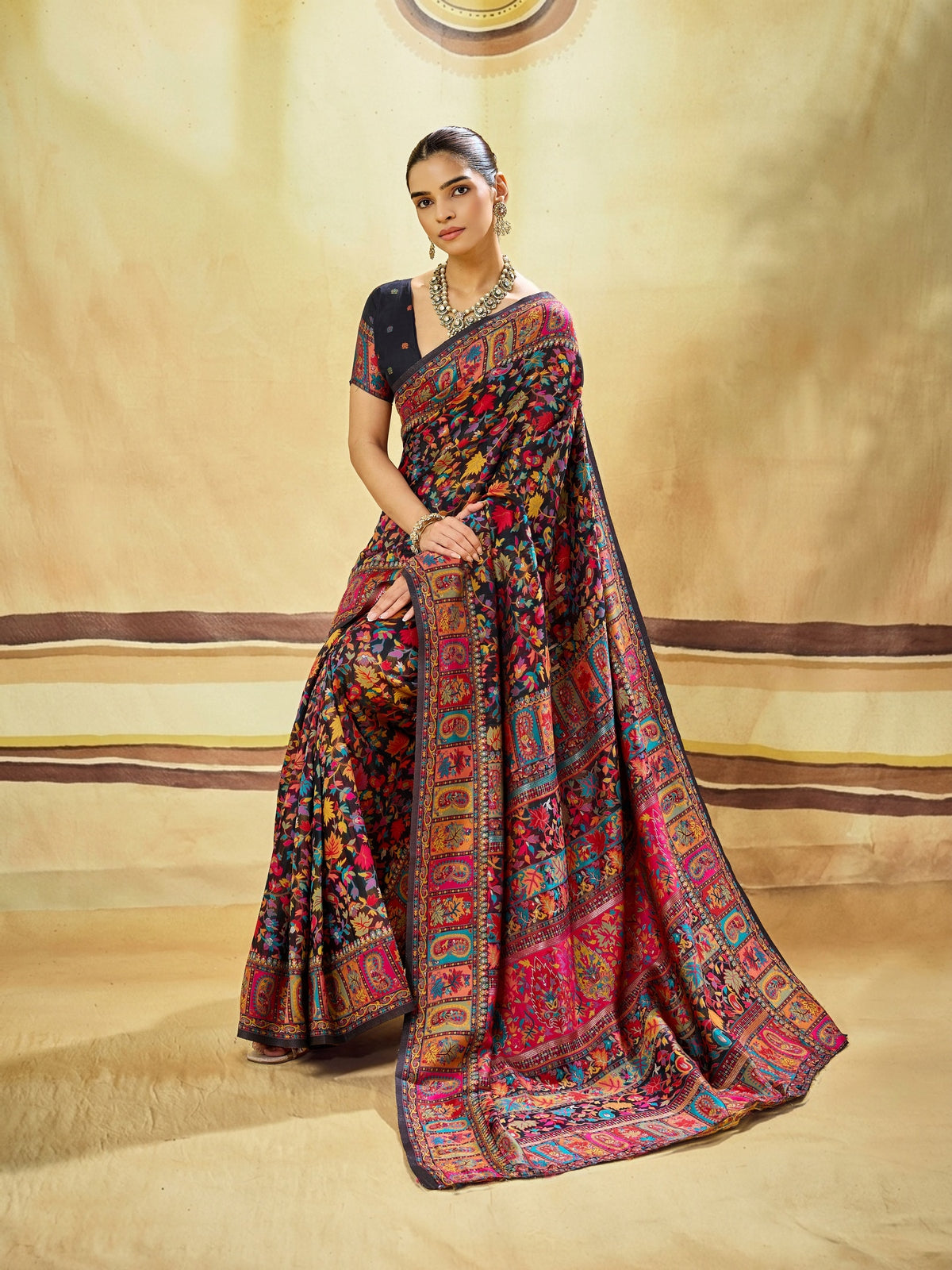 Peachmode Black Modal Cotton Kashmiri Weaving Paisley Saree - Image 1