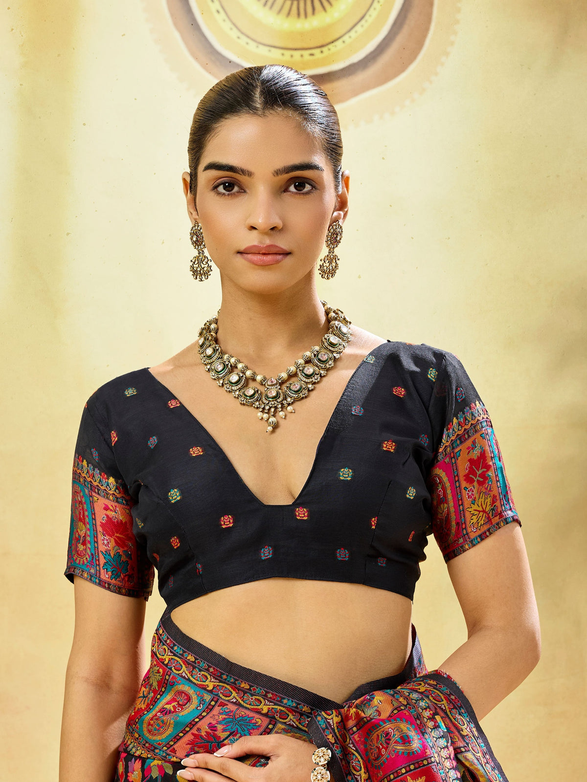Peachmode Black Modal Cotton Kashmiri Weaving Paisley Saree - Image 3