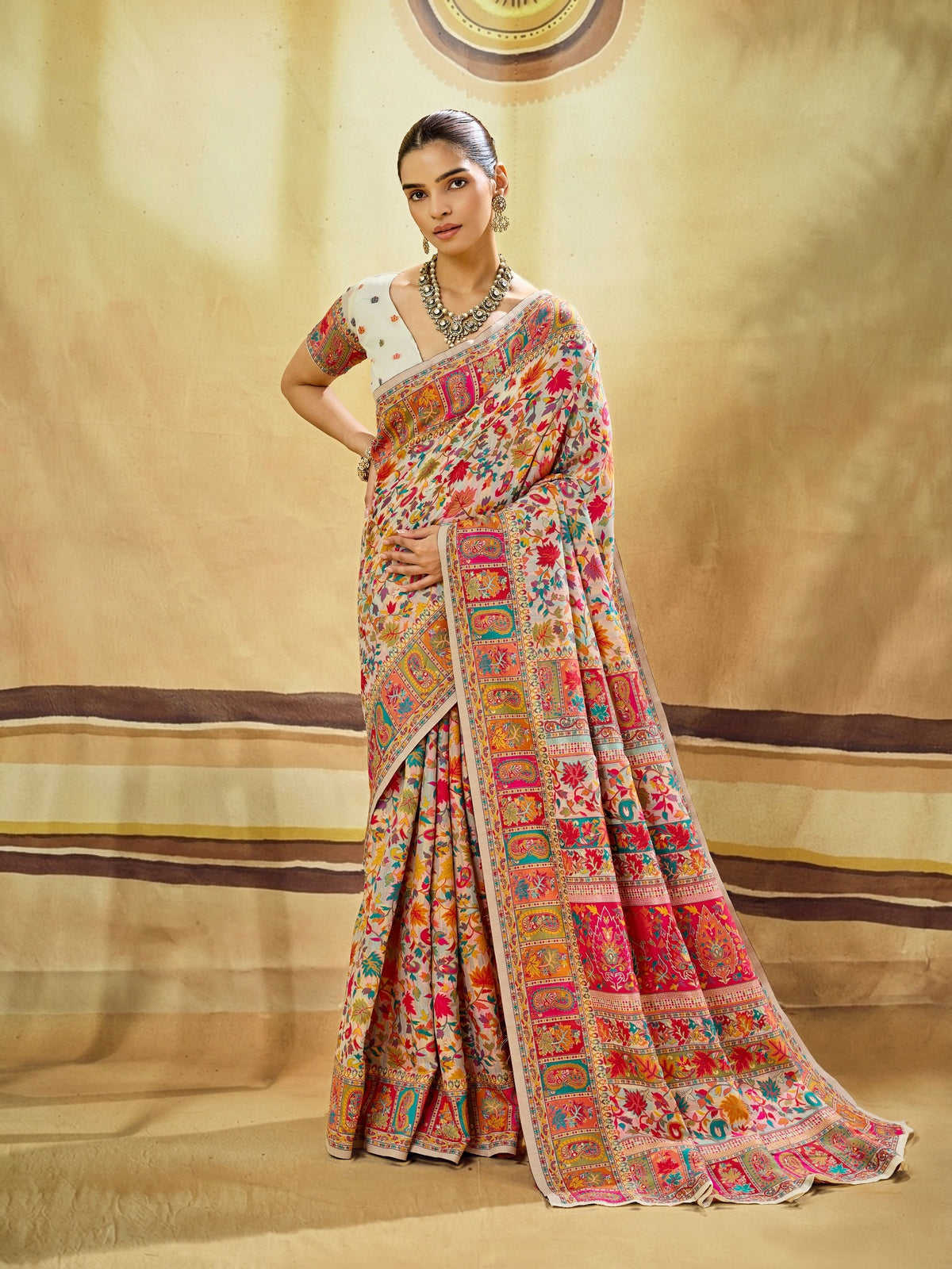 Peachmode Offwhite Modal Cotton Kashmiri Weaving Paisley Saree - Image 1