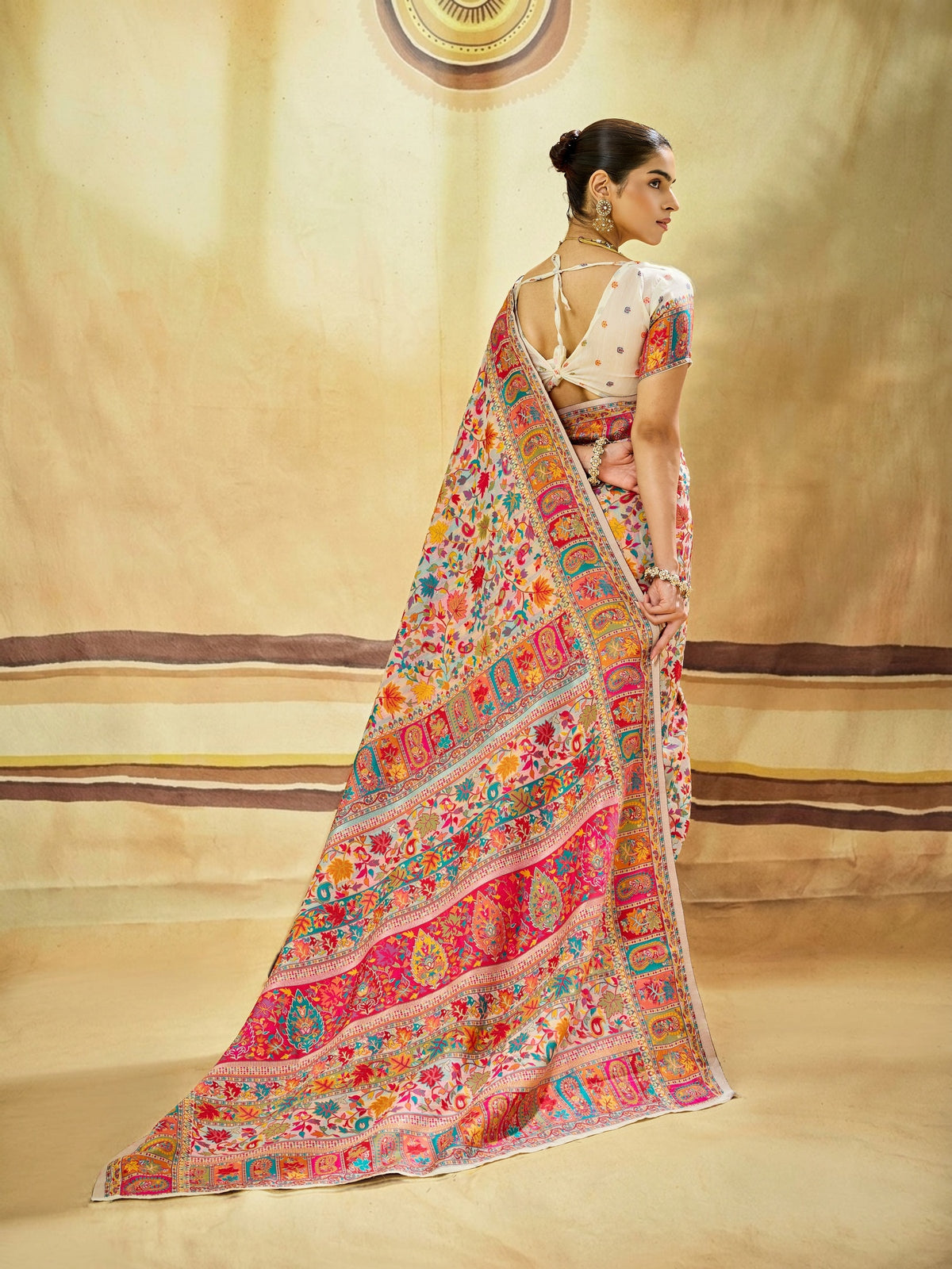 Peachmode Offwhite Modal Cotton Kashmiri Weaving Paisley Saree - Image 2