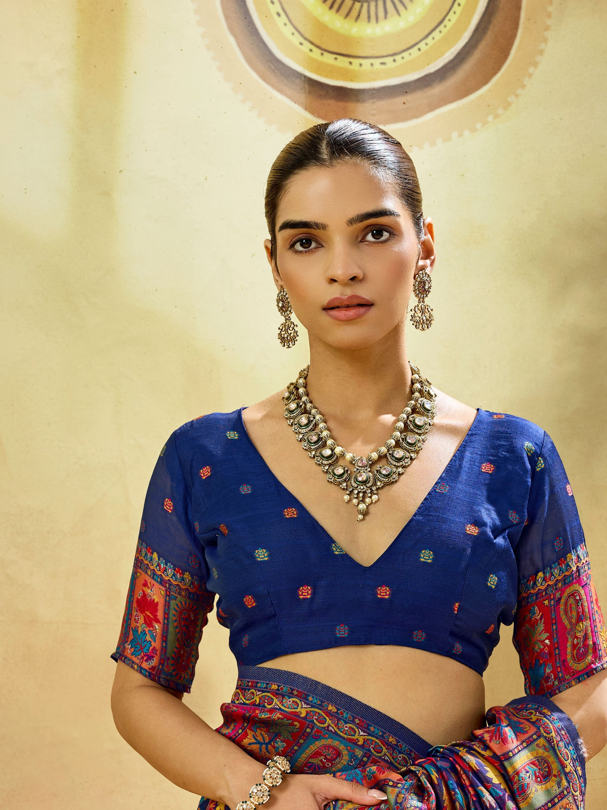 Peachmode Navy Blue Modal Cotton Kashmiri Weaving Paisley Saree - Image 3
