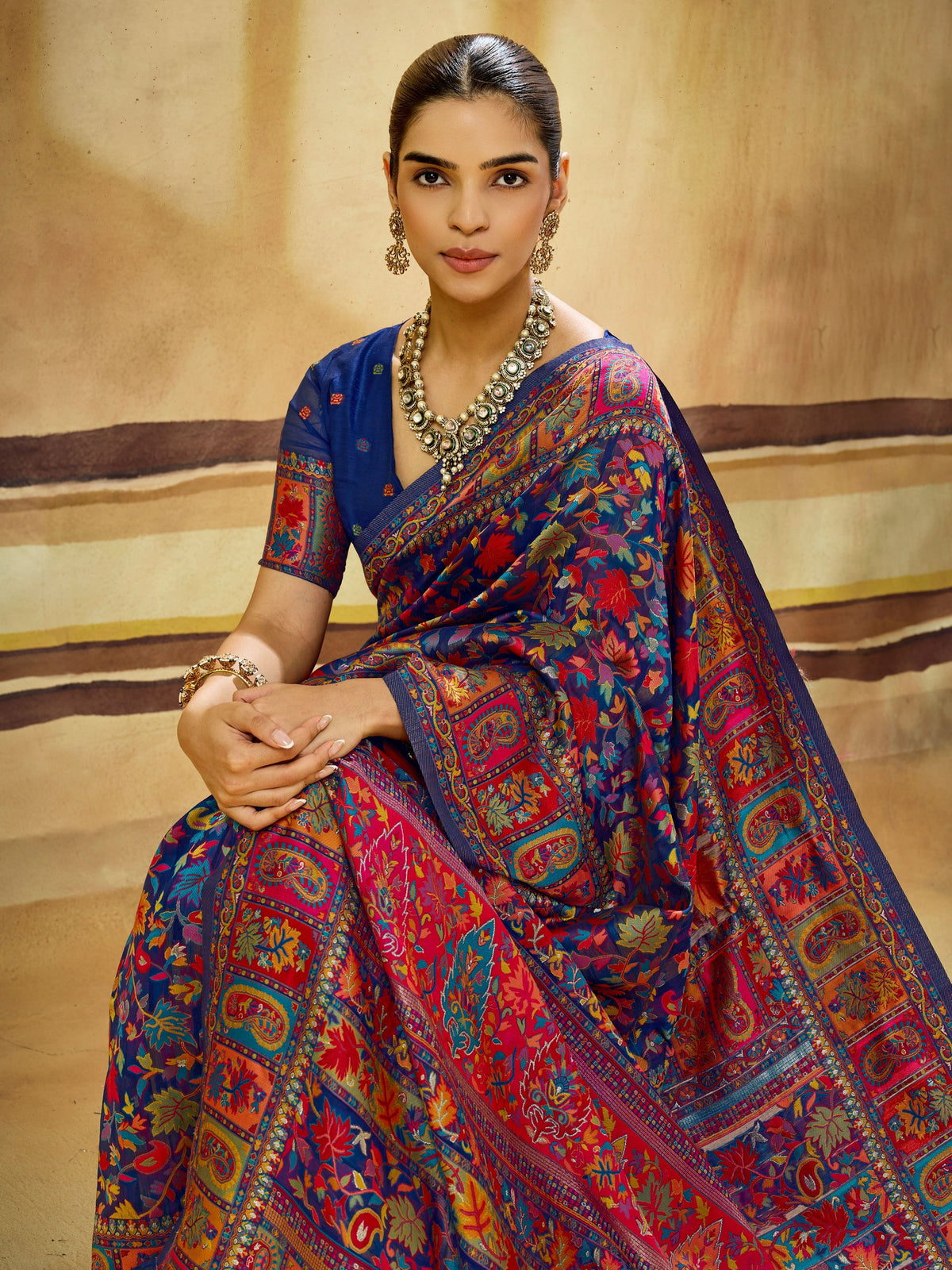 Peachmode Navy Blue Modal Cotton Kashmiri Weaving Paisley Saree - Image 4