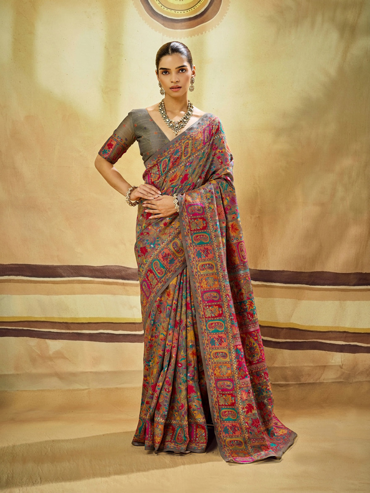 Peachmode Grey Modal Cotton Kashmiri Weaving Paisley Saree - Image 1