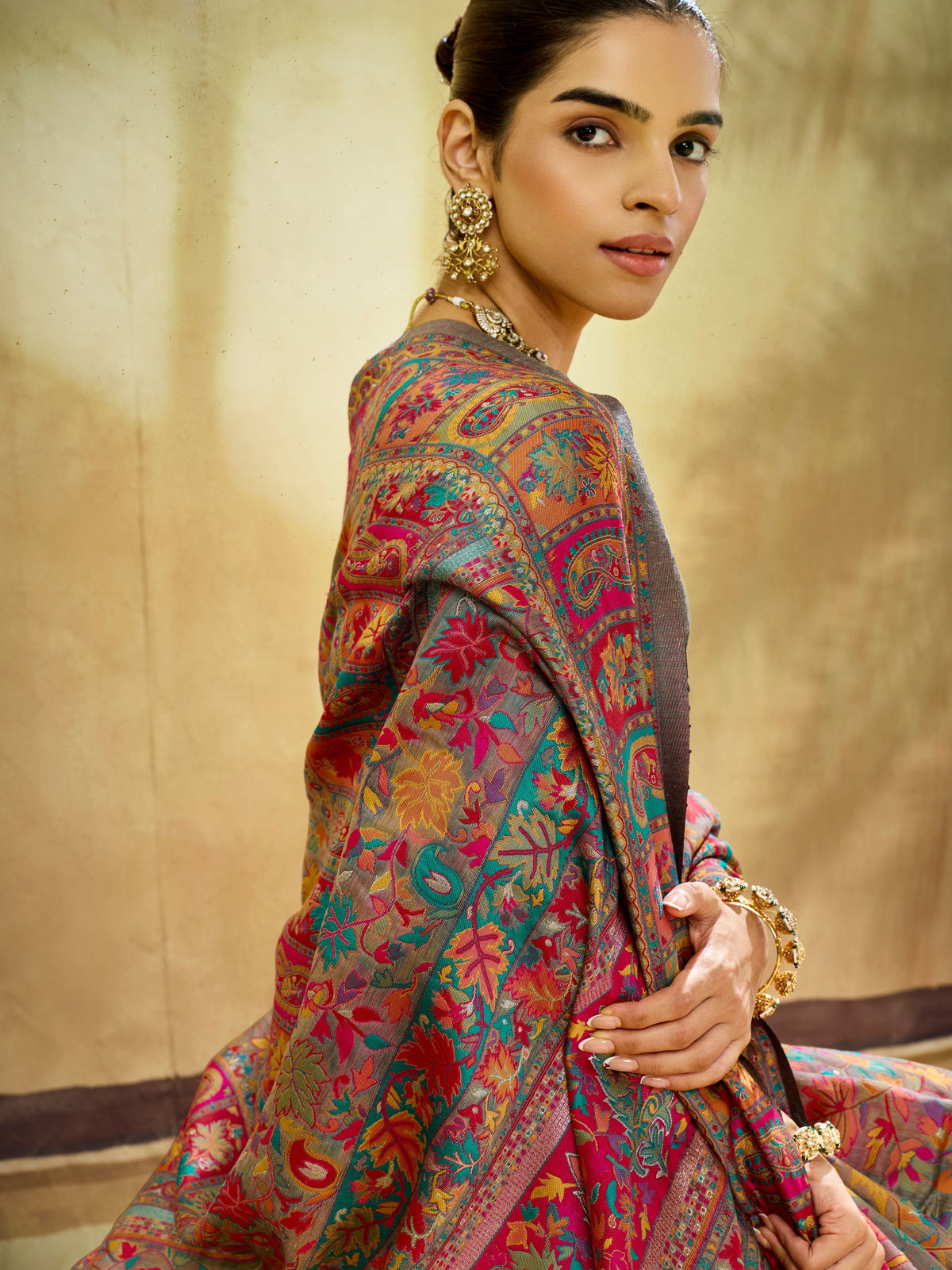 Peachmode Grey Modal Cotton Kashmiri Weaving Paisley Saree - Image 4