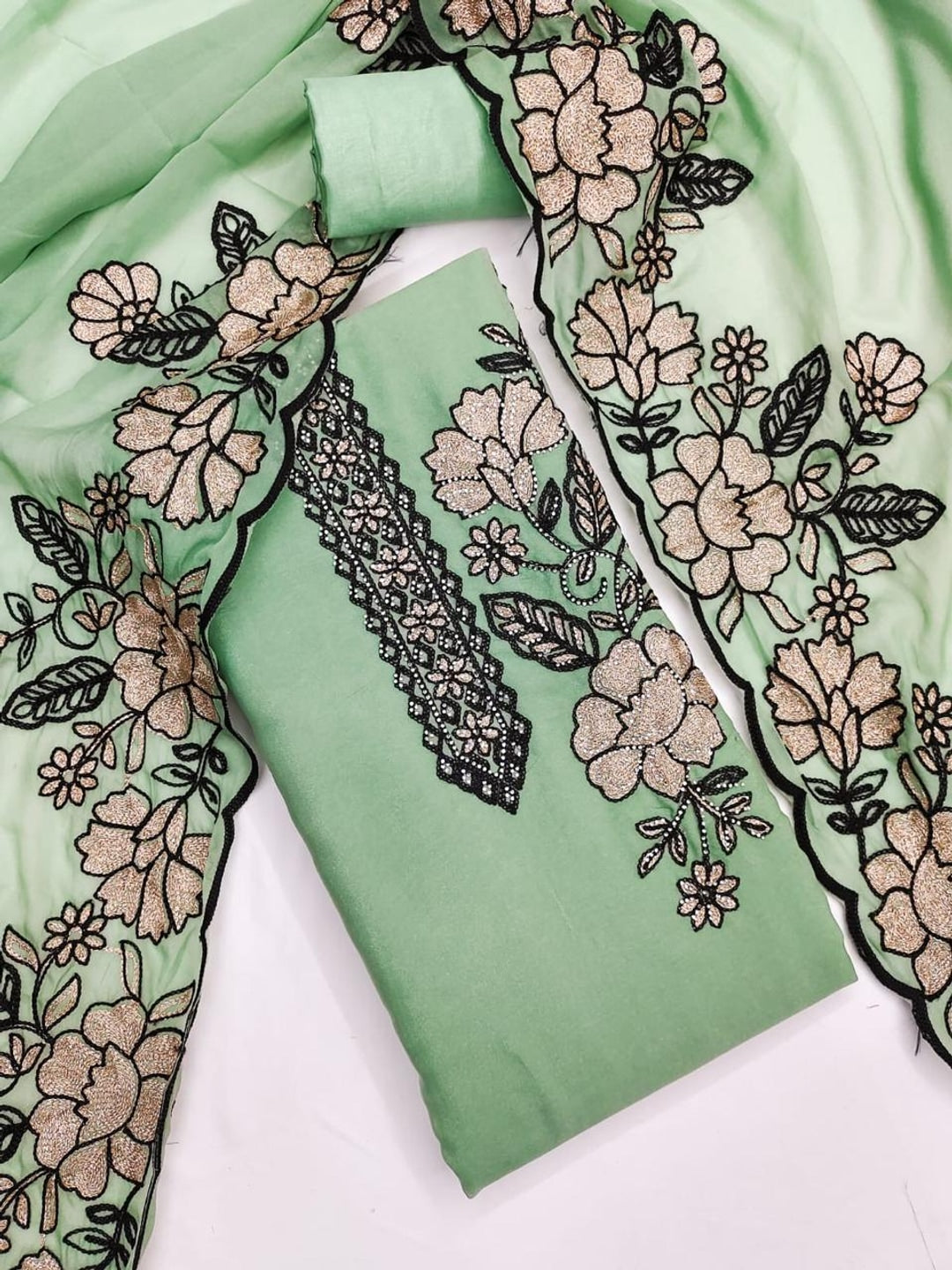 Peachmode Mint Floral Embroidered Georgette Dress Material - Image 5