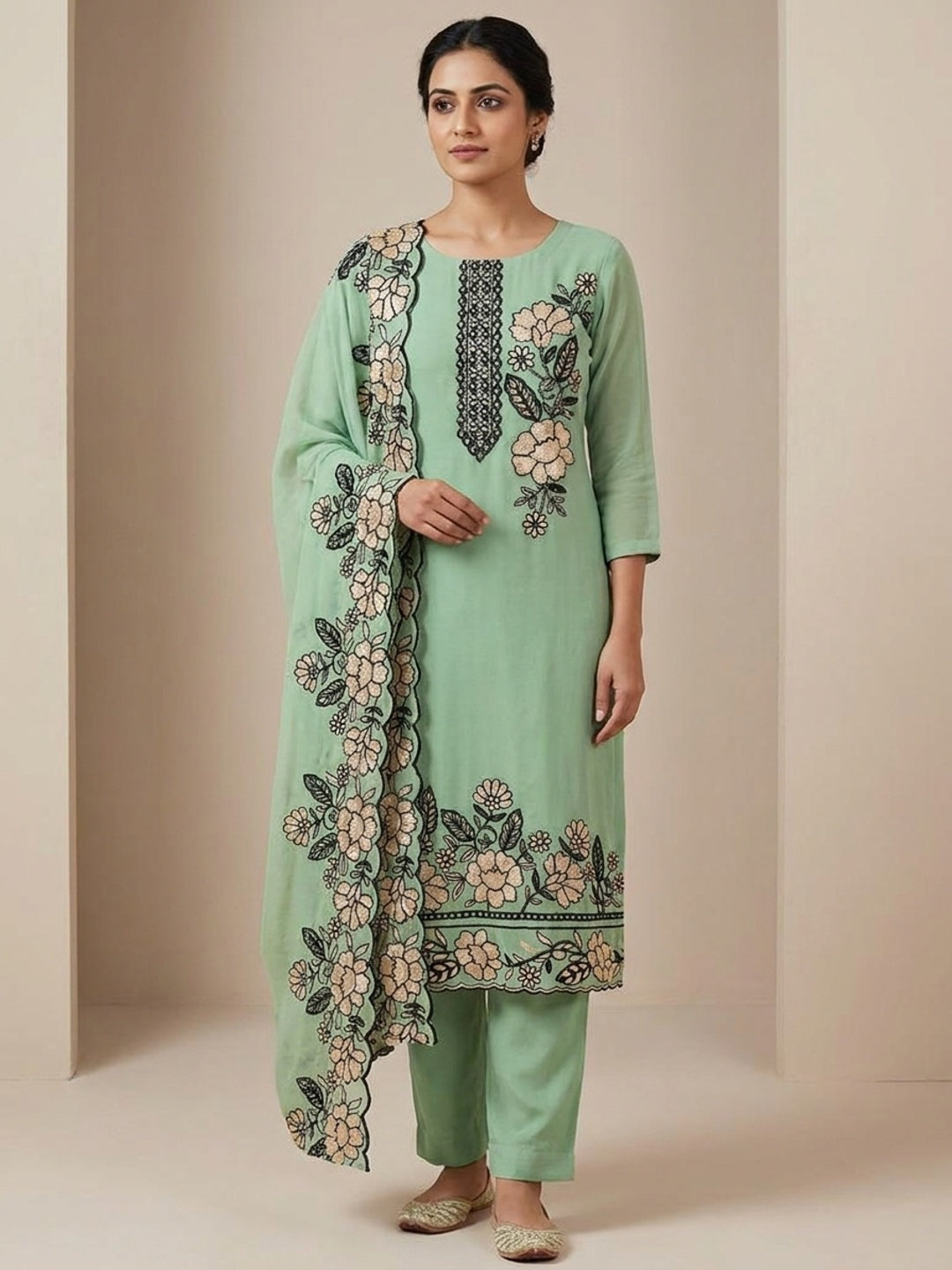 Peachmode Mint Floral Embroidered Georgette Dress Material - Image 2
