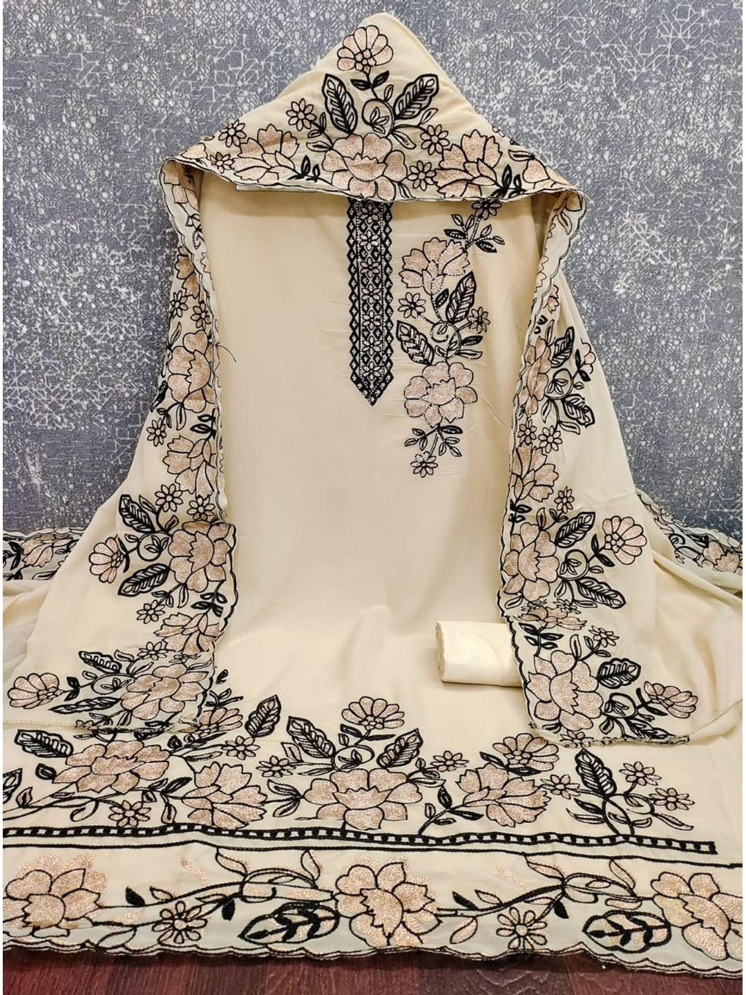 Peachmode Cream Floral Embroidered Georgette Dress Material - Image 2