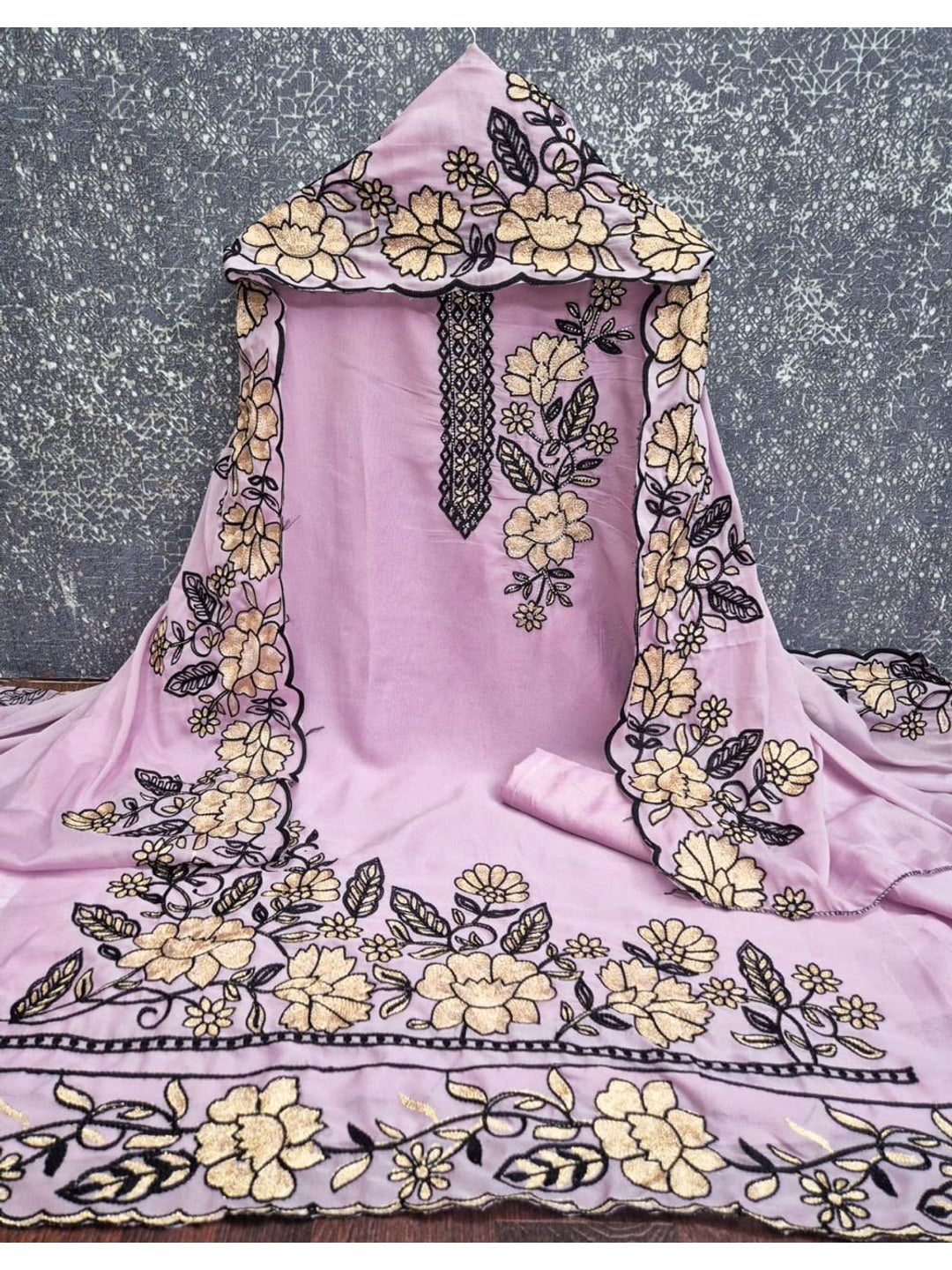 Peachmode Lavender Floral Embroidered Georgette Dress Material - Image 3